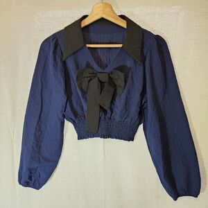 Navy Blue And Black Vneck Cropped Top Cute Anime Whimsygoth Witchy Academia